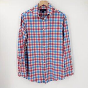 Mizzen + Main M Trim Fit Blue Red Gingham Check Performance Dress Shirt Office